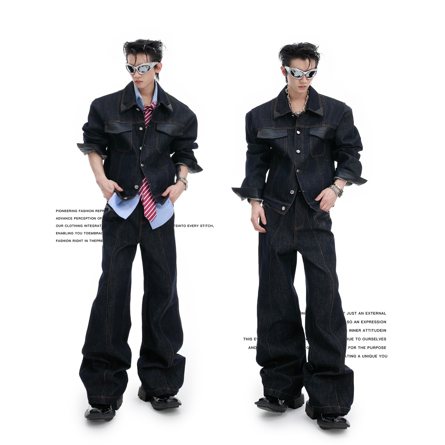 25SCulturE墨痕*小众复古拼皮拼接牛仔套装男装外套牛仔裤秋冬男