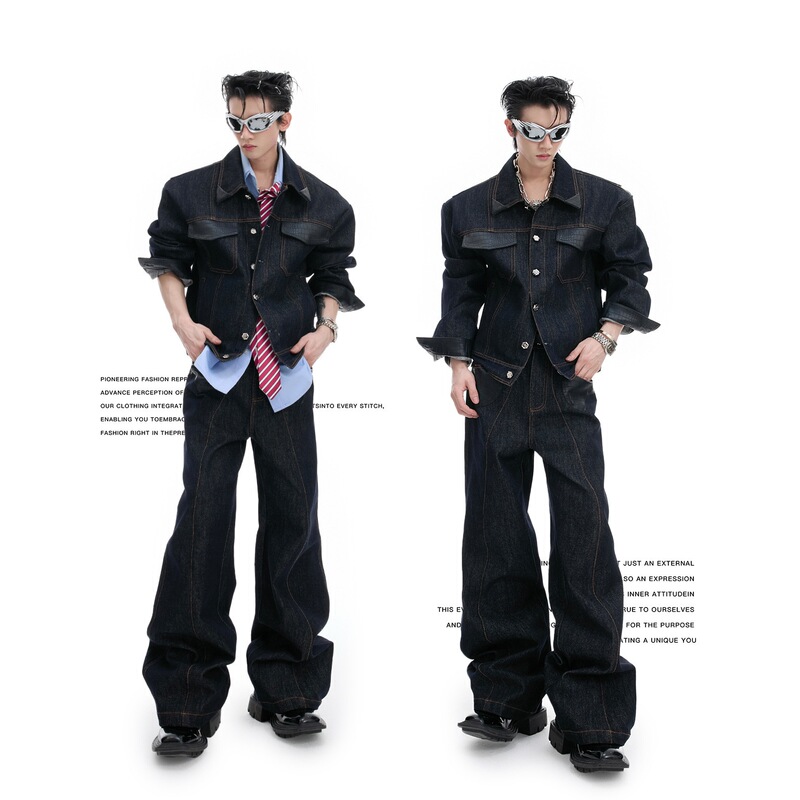 25Sculture Ink Mark* Niche Retro Patchwork Denim Suit Men's Jacket and Jeans Autumn and Winter Men's Wear