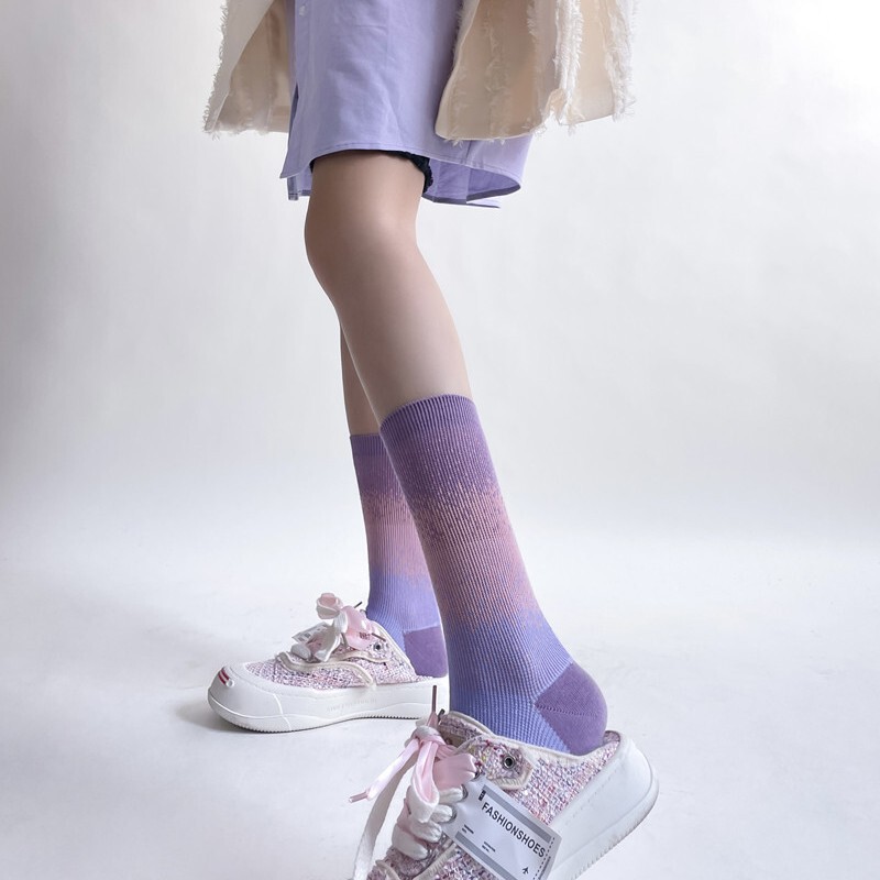 Trendy Japanese designer double needle tie-dye gradient color personality men and women couple cotton mid-calf socks