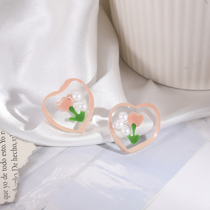 1 Pair Sweet Heart Shape Flower Enamel Inlay Arylic Artificial Pearls Ear Studs display picture 9