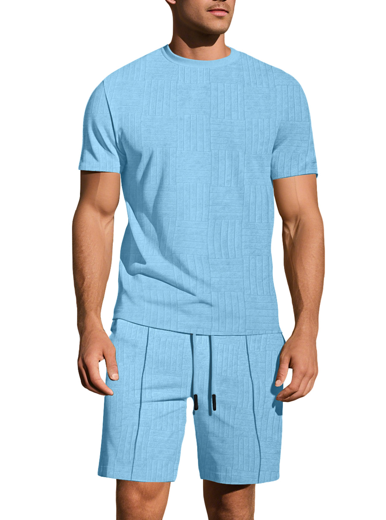 Transfronterizo Europa y América Amazon verano hombre suelto transpirable Jacquard color sólido mangas cortas pantalones cortos deportivos casuales para hombres
