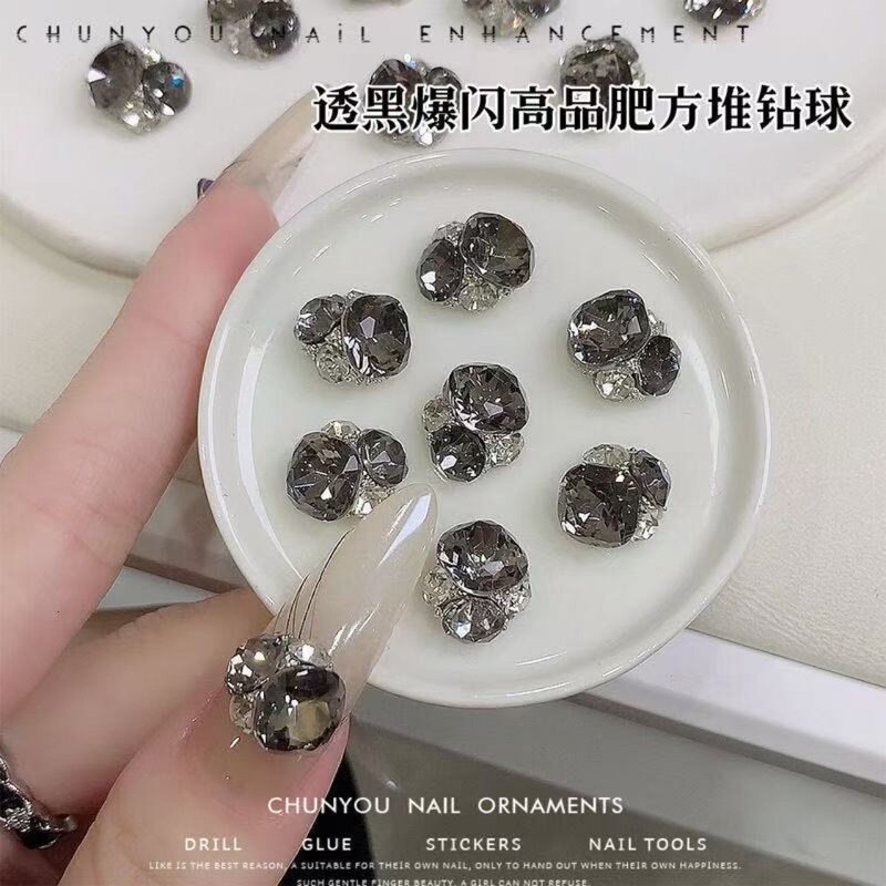 Black Chunky Square Stacked Rhinestone Ball Cut Trendy Nail Art Rhinestone Ball Super Shiny Jewelry Crystal Finished Accessory Dazzling Nails