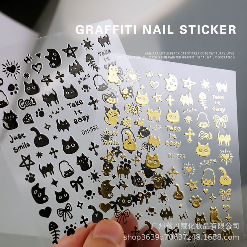 Popular cute cat puppy rabbit graffiti nail stickers black and white hot silver 3D cartoon animal nail decals