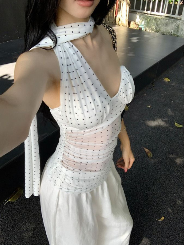 斜肩网纱波点吊带背心女夏季泰式辣妹挂脖抹胸上衣带胸垫裹胸外穿|undefined