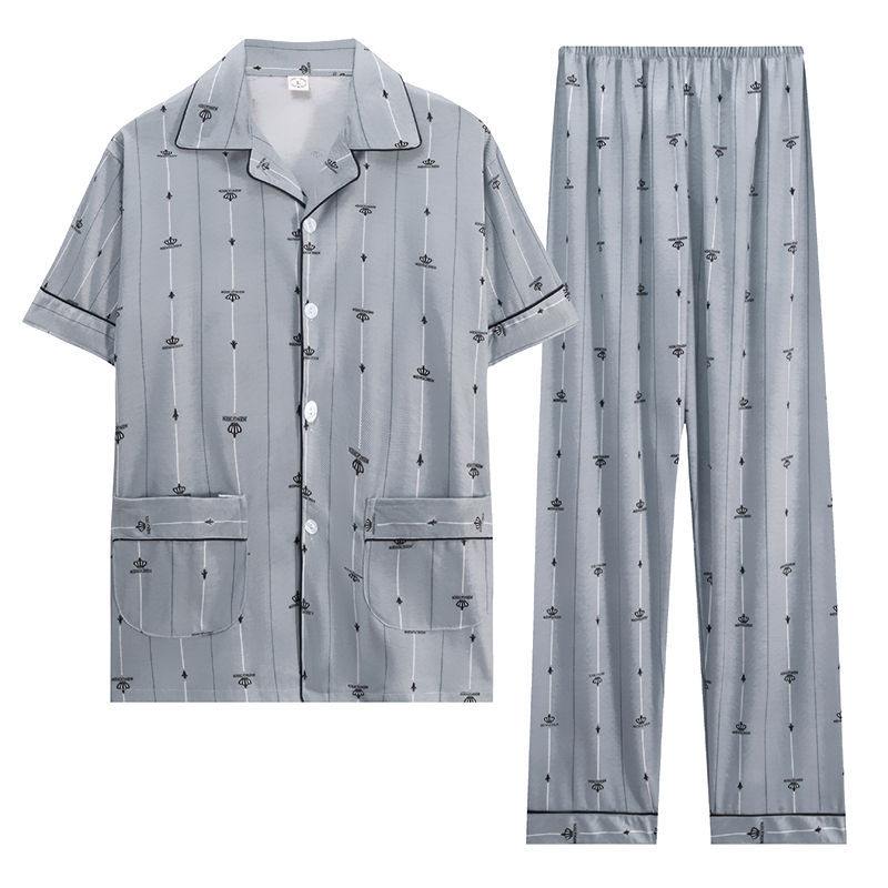 Pijamas de hombre de manga corta de verano de algodón puro ropa de hogar primavera y otoño Cardigan Pijamas de estilo Chanel DE ALTO aspecto