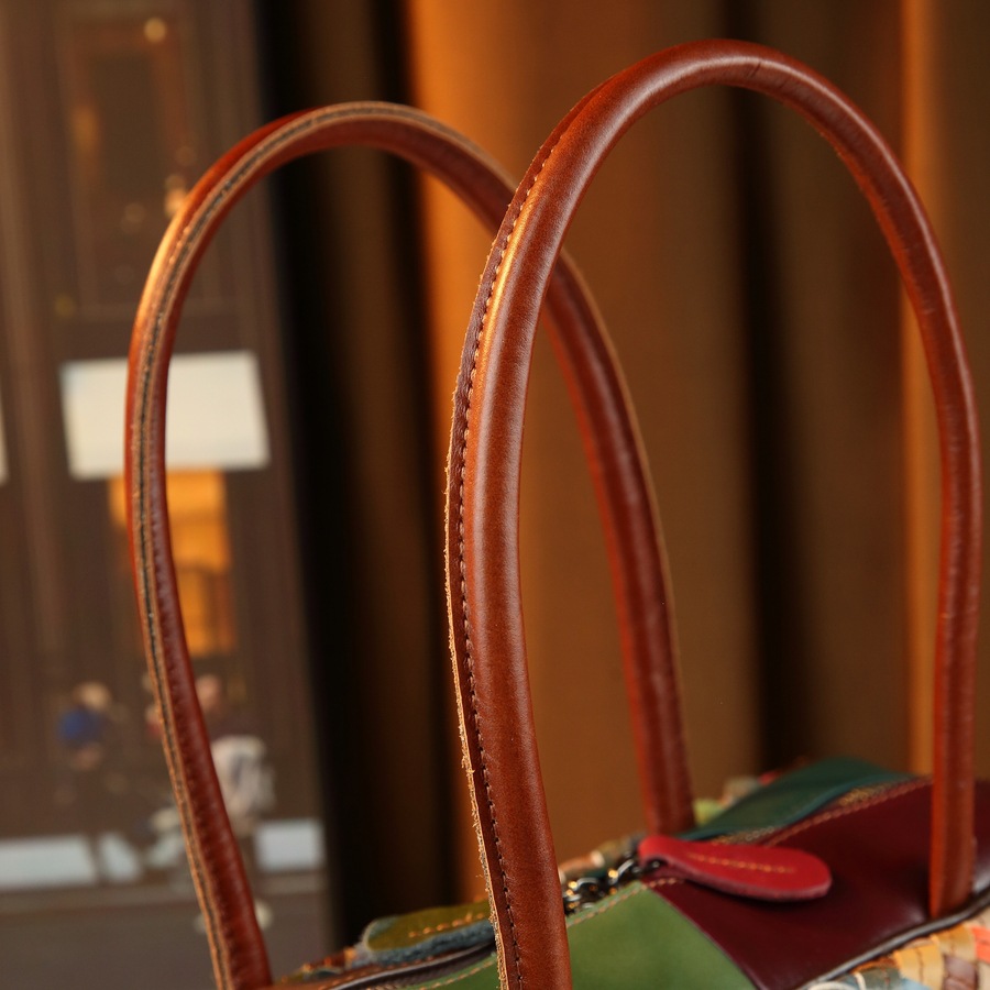Retro Women's Handbag Top Grain Cowhide Fashion Large Capacity Patchwork Woven Shoulder Bag_voghion.com