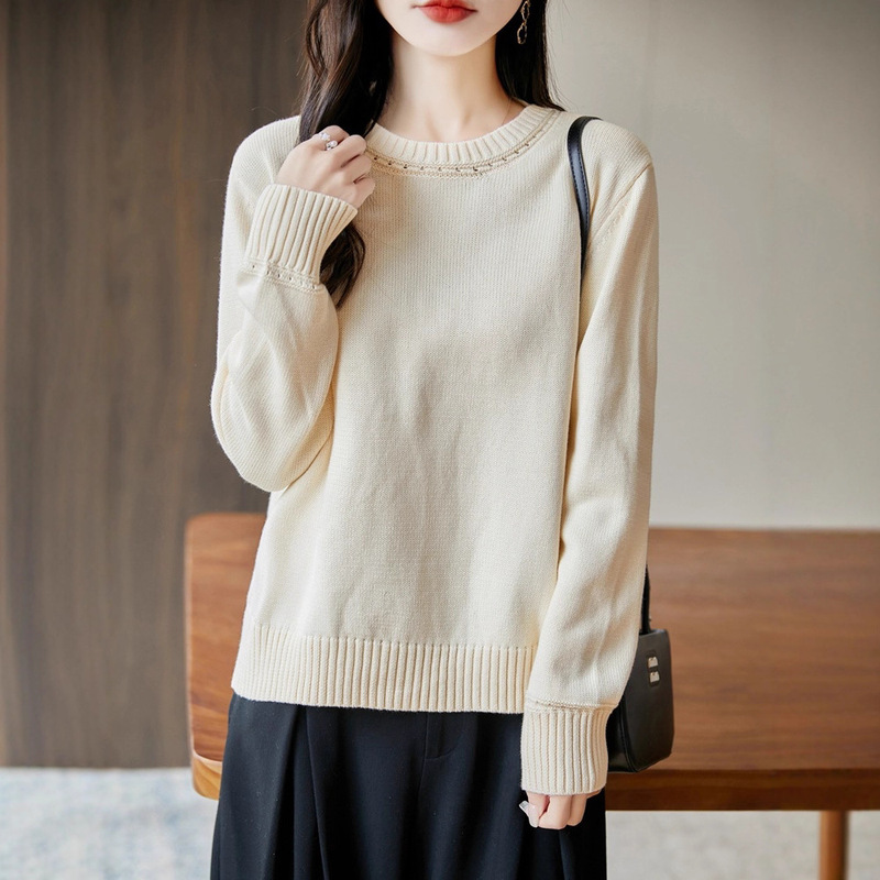 Cross-Border 2025 Autumn and Winter New Pure Cotton Round Neck Knit Sweater Long-Sleeved Women's Solid Color Loose Pullover Base Shirt Top
