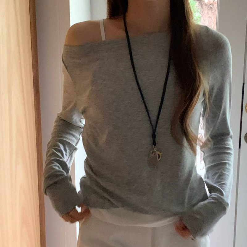 In Stock 2026 Spring New Korean Dongdaemun O*Unce Versatile Casual Off-Shoulder Thin Long-Sleeve Top