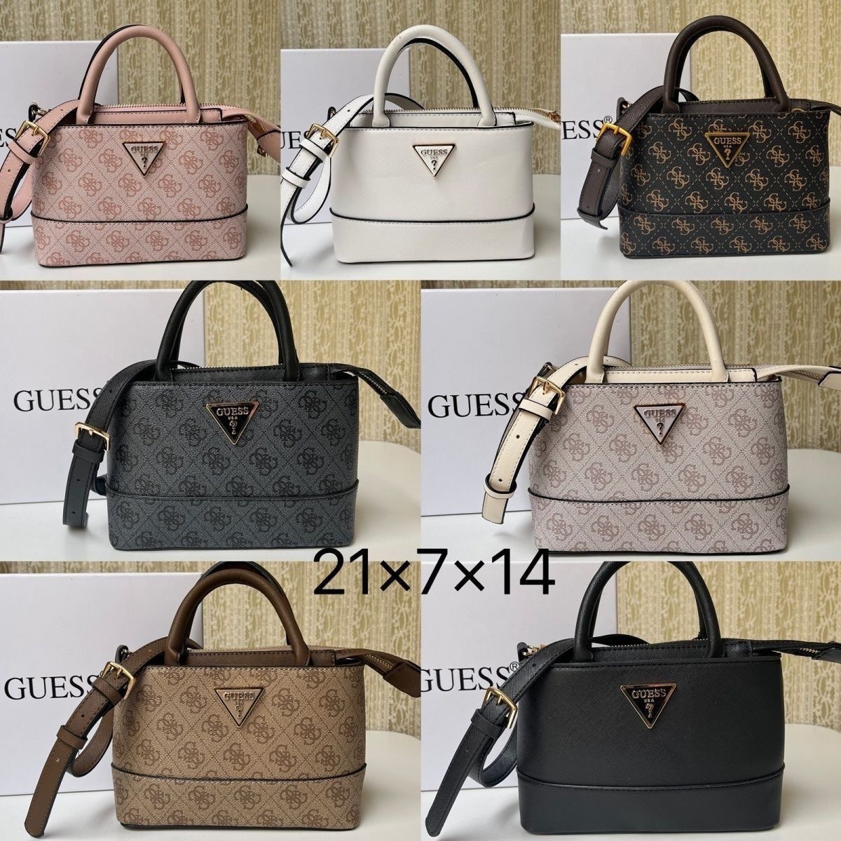 GUESS mini tote çanta, retro çap dizaynlı, çiyin və çarpaz taxıla