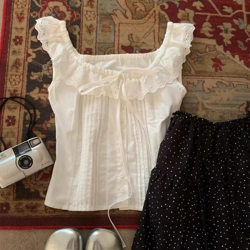 Lace Square-Neck Pleated White Shirt for Women, New Design, Niche Style, Sleeveless Vest Top, Off-Shoulder Lace Square-Neck Pleated White Shirt for Women, New Design, Niche Style, Sleeveless Vest Top, Off-Shoulder