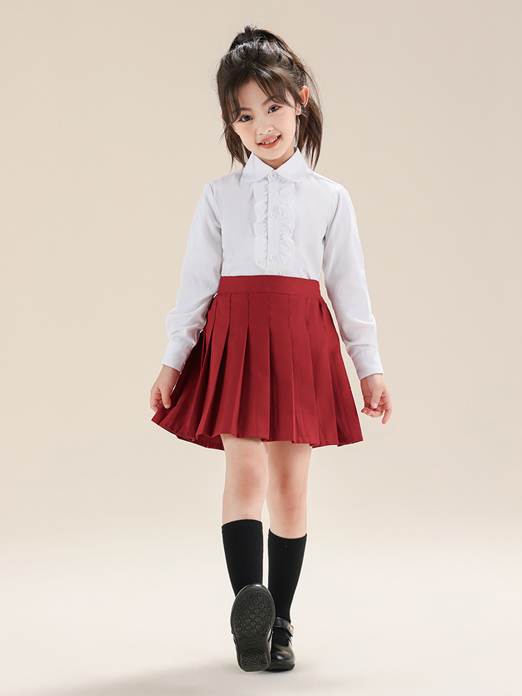 Falda plisada para niñas, traje de 2 piezas, camisa blanca con ramillete para niños, camisa de estilo universitario para niñas, traje de primavera y otoño