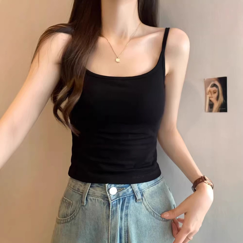 Trendy Black Camisole for Women, Spring and Summer, Covers Side Breasts, Slim Fit, Can Be Worn as an Outerwear or Innerwear, Sleeveless Top