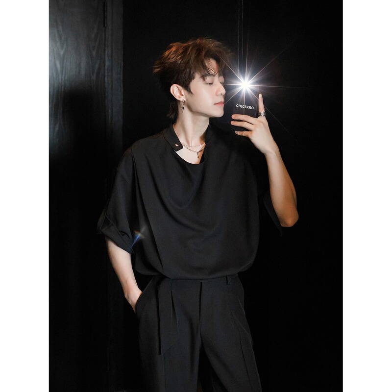 Summer High-End Stylish Stand-Collar T-Shirt for Men, Short-Sleeve Trendy Design with Adjustable Sleeves, Half-Sleeve T-Shirt for Hairstylists