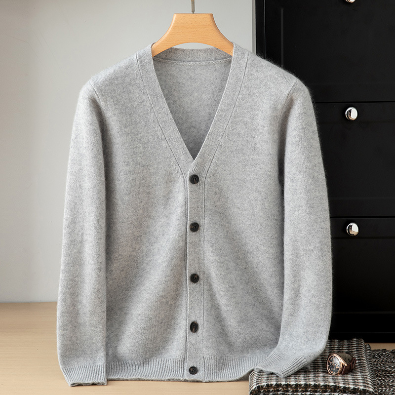 Men's Seven-Needle Double-Strand Thickened Cashmere Sweater, Winter V-Neck Open-Front Single-Breasted Knitted Wool Cardigan