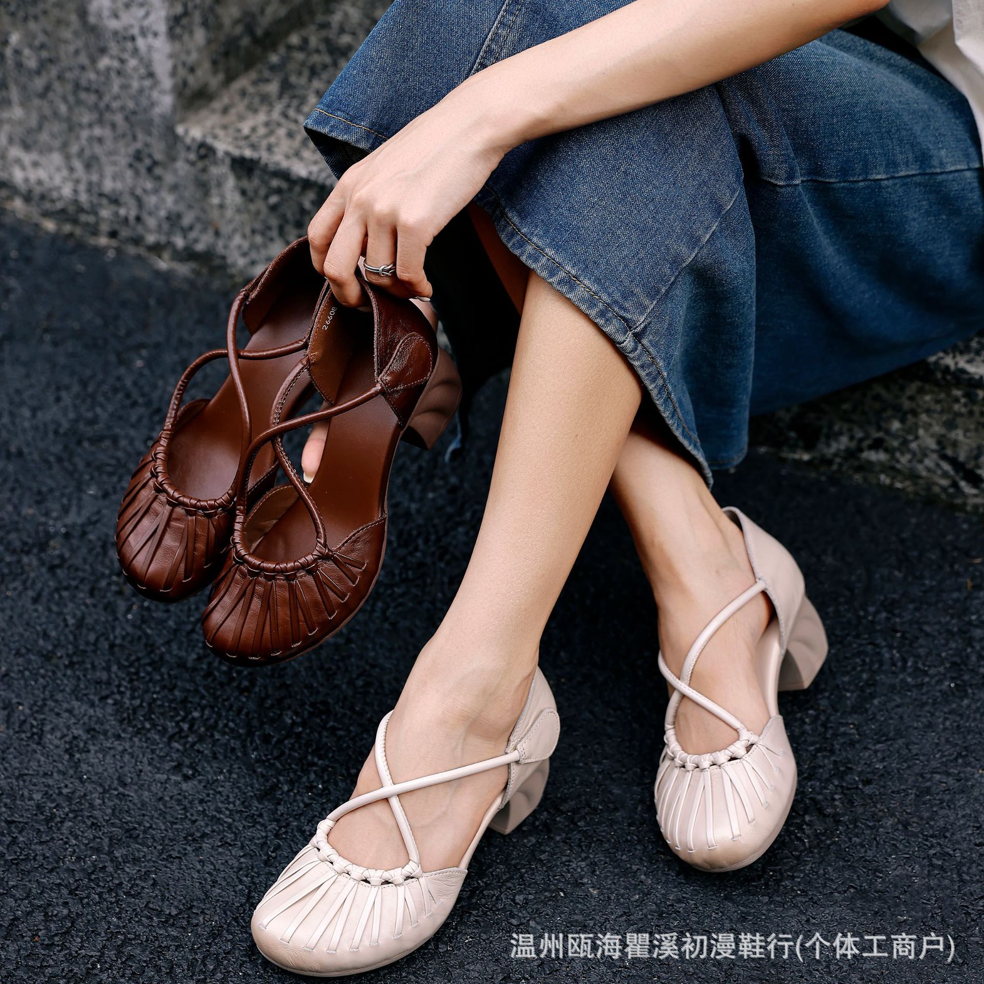 2026 Summer New Vintage Woven Genuine Leather Women's Sandals with Closed Toe, Mid-Heel, Hollow Design, Top Layer Cowhide
