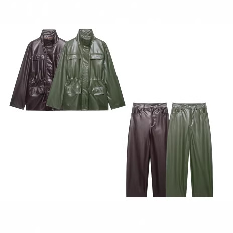 European and American Cross-Border Women's Clothing Wholesale: Women's Waist-Cinching Multi-Pocket Design Leather Jacket and High-Waisted Straight-Leg Pants Set