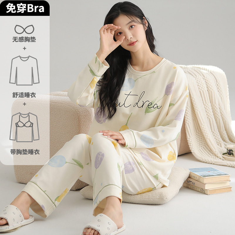 Pijama de mujer otoño y invierno pantalones de mangas largas con cojín de pecho suelto encantador traje deportivo casual de dibujos animados ropa para el hogar