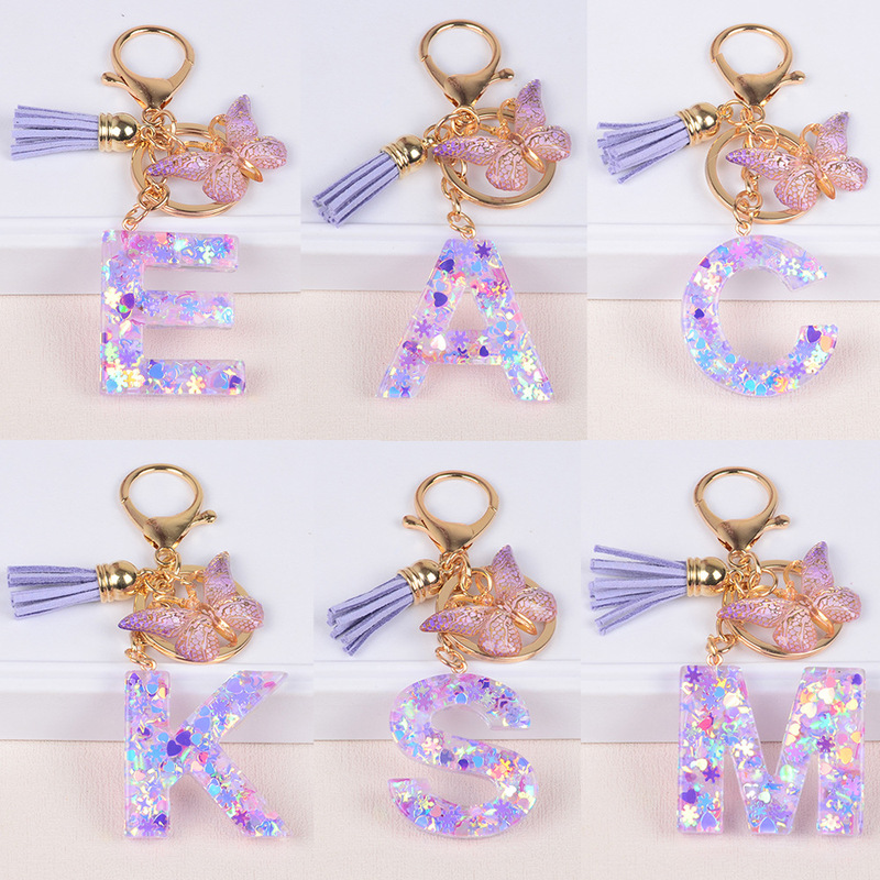 Explosive Purple Resin Sequins English a-z Letter Keychain Student Women's Bag Pendant Keychain Customizable