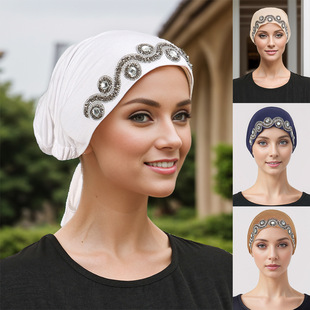 Amazon cross-border new European and American fashion curve round rhinestone strap cap mercerized cotton fashion temperament headscarf cap