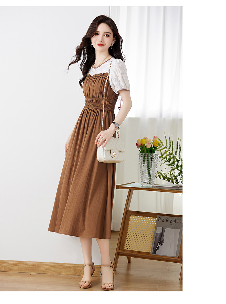 Váy chữ A tay phồng eo thon ren ghép giả hai mảnh Z8838 — Màu đen, Màu caramel chi tiết 10