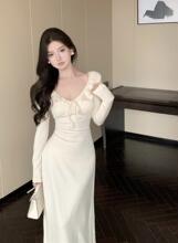 御姐感荷叶边v领长袖针织连衣裙内搭打底修身包臀长裙秋冬季