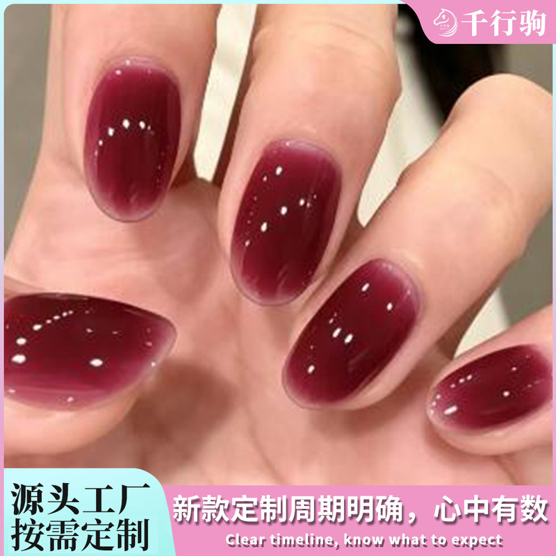 Custom-designed, minimalist, sheer, cherry-red gradient, solid-color, medium-length oval-shaped, 24-piece detachable nail tips for easy application Custom-designed, minimalist, sheer, cherry-red gradient, solid-color, medium-length oval-shaped, 24-piece detachable nail tips for easy application