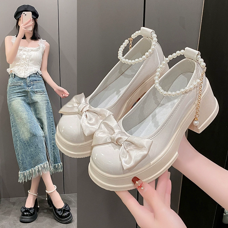 Французские туфли Мэри Джейн Женская весна и лето 2025 Новый жемчуг бант девушка одиночные туфли толстые каблуки феи