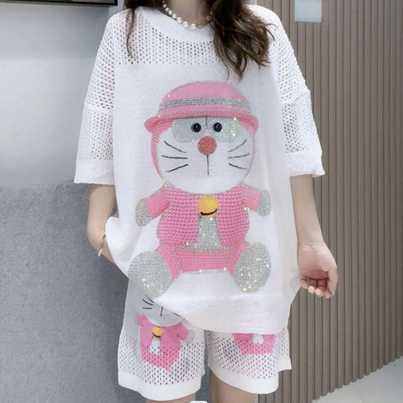 Jingle Cat Hollow Casual Suit Women's Summer Korean Version Heavy Industry Hot Doraemon Short Sleeve Ice Silk Knitted Two-piece Set