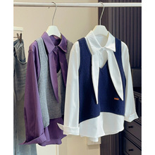 韩系学院风叠穿两件套女冬减龄翻领飘带衬衫+V领针织马甲上衣套装