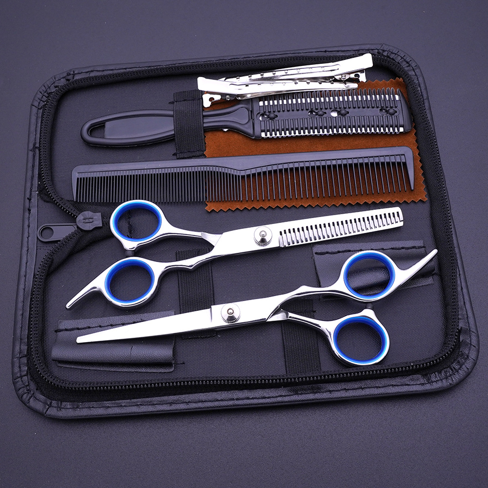 Venta directa de fábrica de tijeras de corte de pelo de acero inoxidable, tijeras para el cabello, tijeras planas profesionales, tijeras de dientes, juego de tijeras de fleja fina