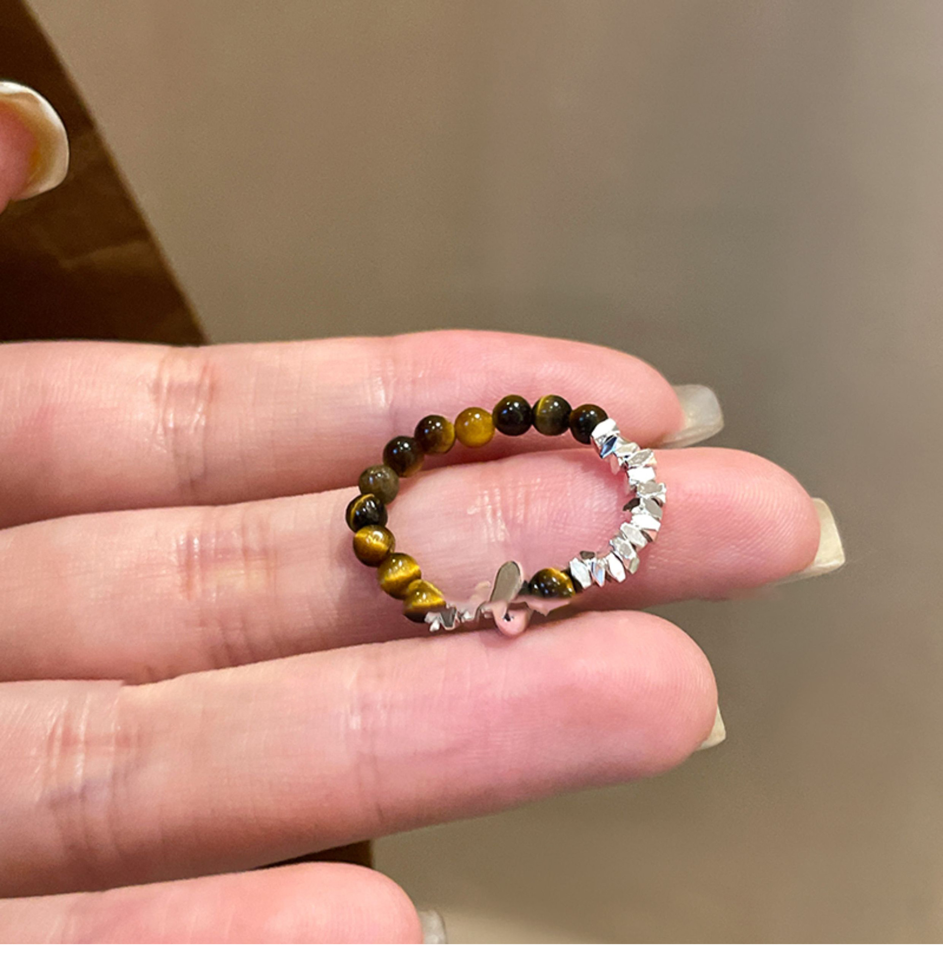 Tiger Eye Fragment Silver Stone Beaded Ethnic Style Elegant Index Finger Niche Design Sense Ring_voghion.com