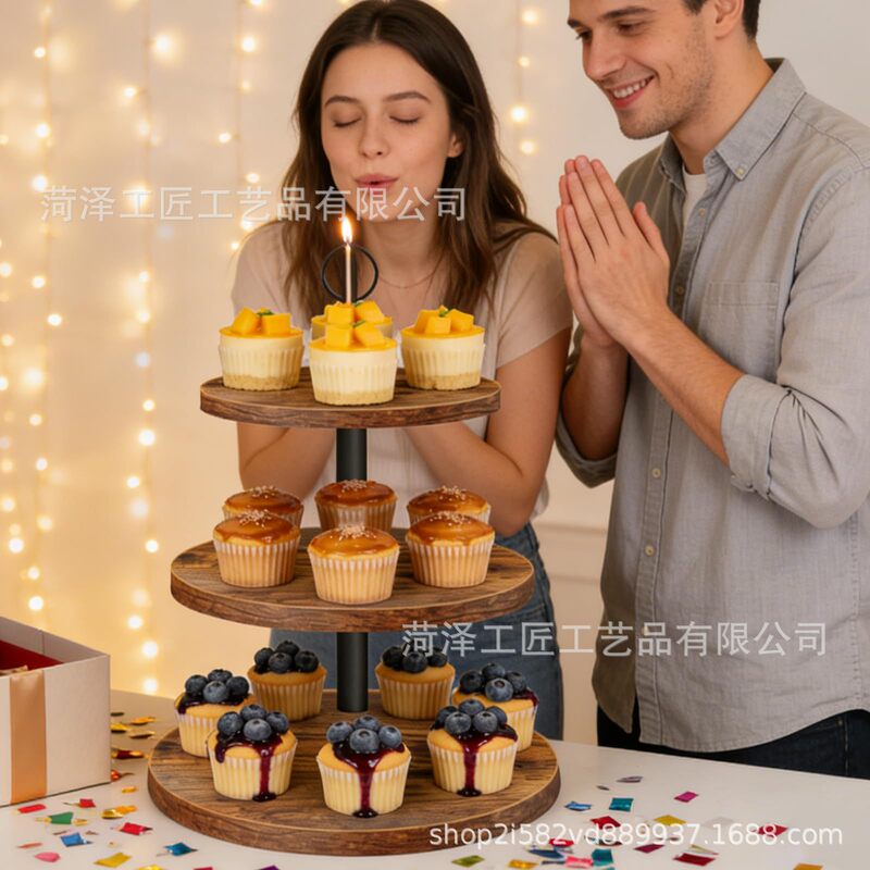 In-Stock Multi-Layer Cupcake Stand, Wooden Dessert Cake Stand with Tiered Tray, Farmhouse-Style Wooden Dessert Display Plate