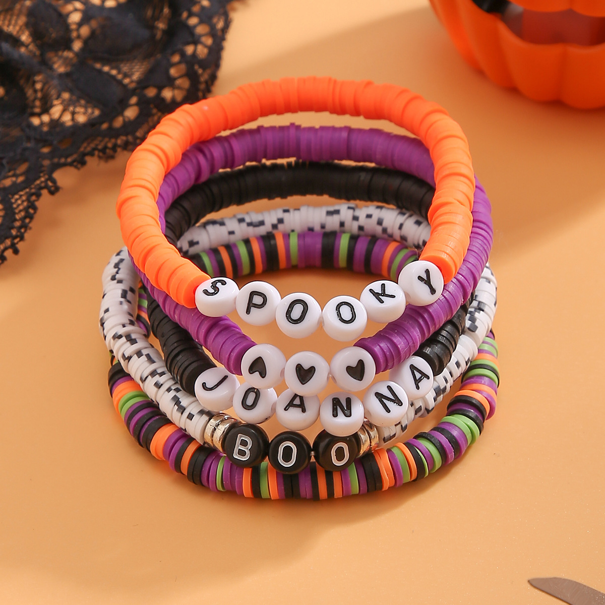 Bracelet de citrouille en perles d'Halloween, ensemble de bijoux de vacances en poterie souple, bracelet en dopamine élastique_voghion.com
