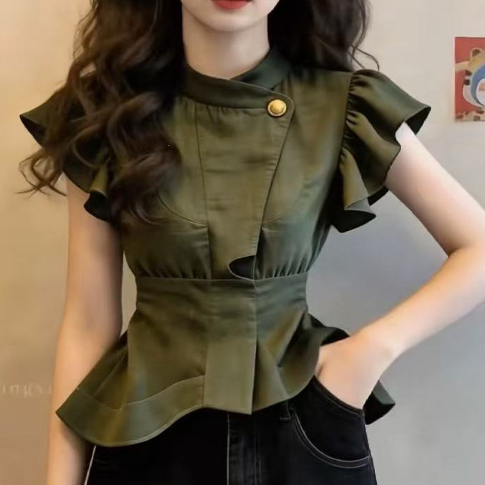 French-Style Design Buttoned Ruffle Shirt for Women, High-Waisted, Elegant, Workwear Style, Plus Size, Fashionable for Spring and Summer French-Style Design Buttoned Ruffle Shirt for Women, High-Waisted, Elegant, Workwear Style, Plus Size, Fashionable for Spring and Summer