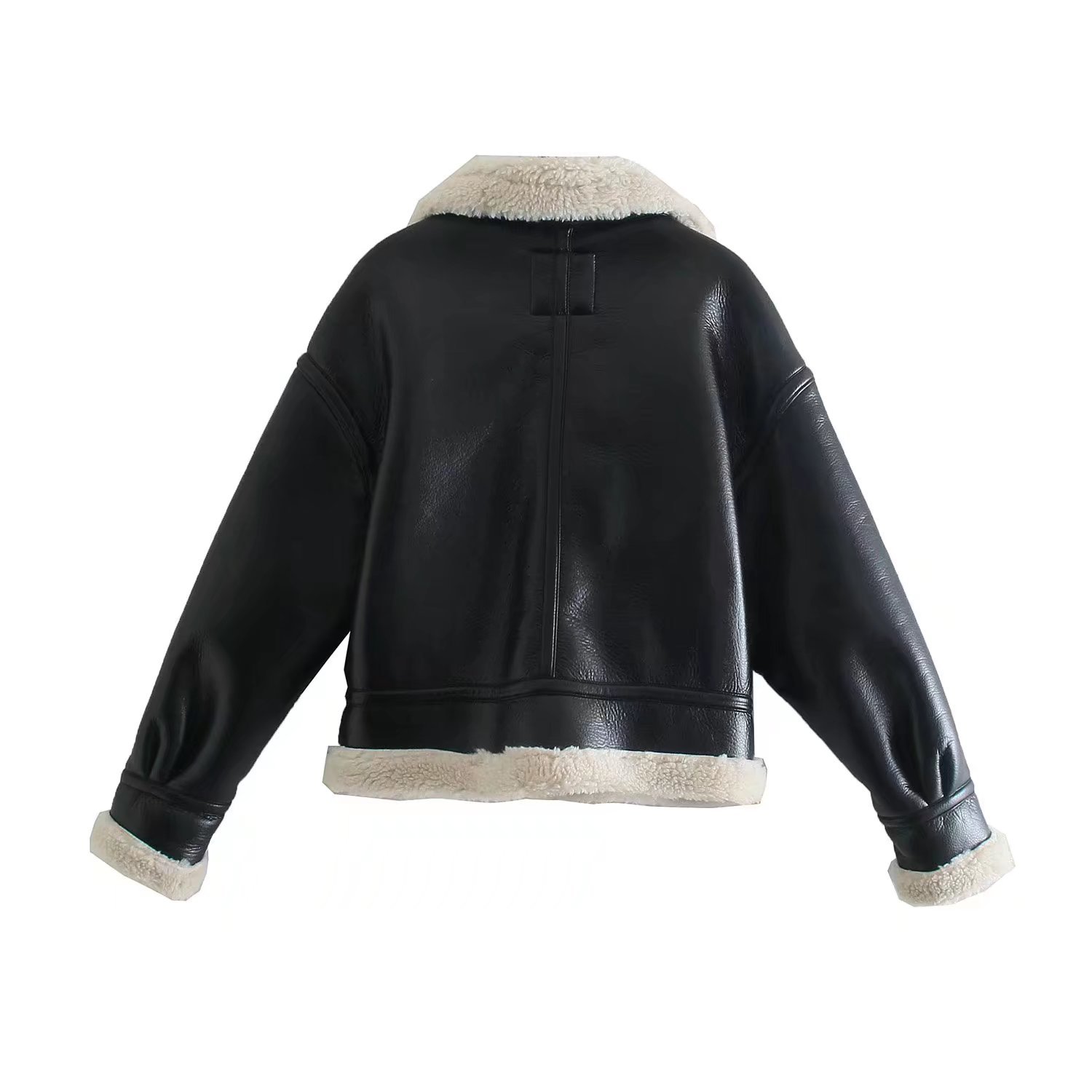 long sleeve lapel Fleece Faux Leather stitching Jacket NSAM139078