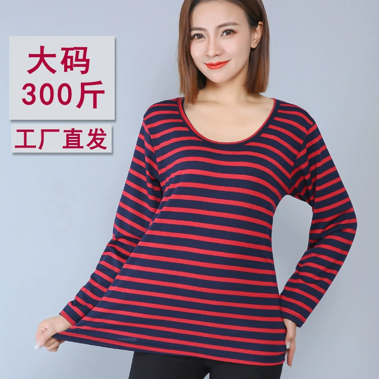 Женская эластичная футболка с круглым вырезом в полоску с длинным рукавом больших размеров, 200 кг, 300 кг, Базовая рубашка, фабричное поколение прямых волос