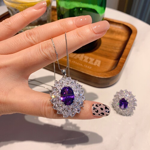 Zhao Sheng Sheng Jewelry European and American Fashion Jewelry Set Purple Orchid Zircon Pendant Ring 10*14 Earrings 6*8 Three-Piece Set
