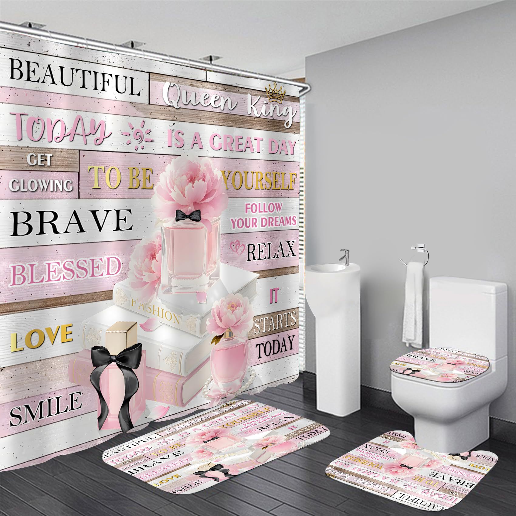 Cross-Border Hot-Selling Pink Fashion Floral Bathroom Decoration Bathroom Waterproof Shower Curtain Partition Curtain Can Be Customized