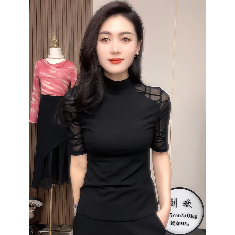 이우 베이스 레이어 2025 신상 여성 가을 패션 메쉬 하프 터틀넥 외부 착용 가능 엄마 티셔츠 탑