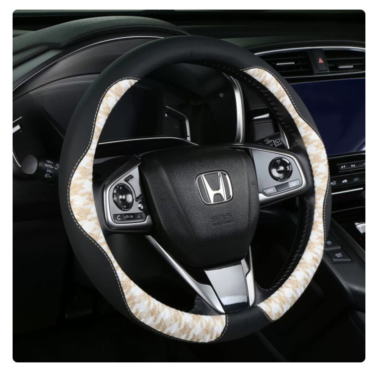 Customized Linen Sports-Style Houndstooth Steering Wheel Cover, Car Interior Accessories, Universal Car Steering Wheel Cover