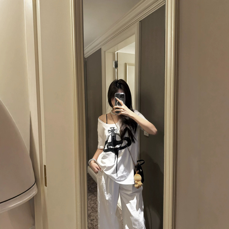 Cross-Border~High-End Version Vivi Saturn U-Neck Asymmetrical Shoulder Sexy Digital Print Short-Sleeve Low-Neck T-Shirt Women's Top