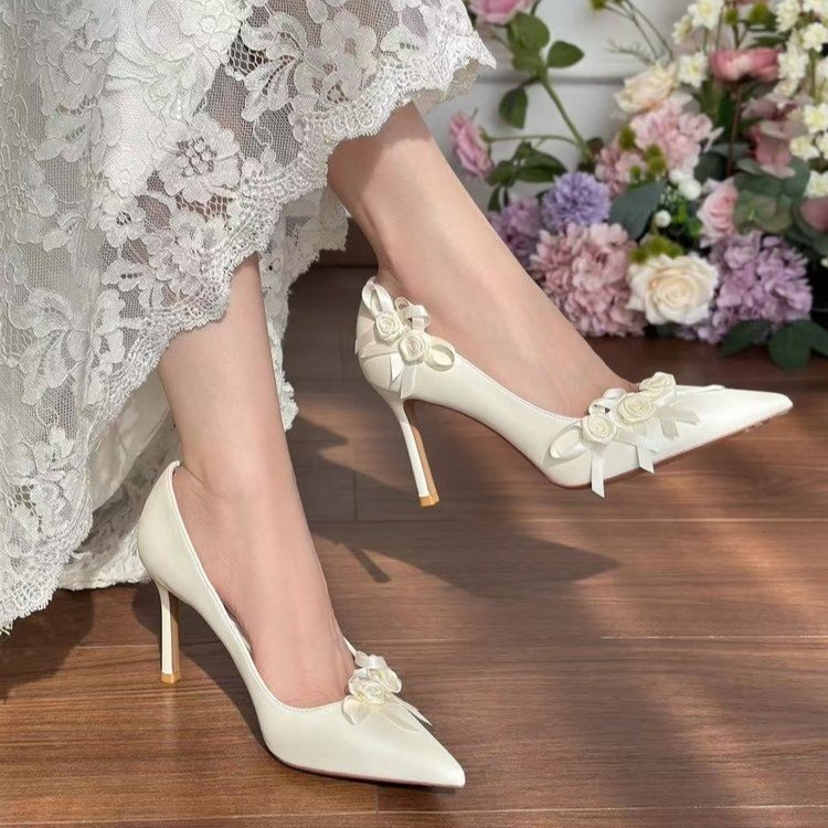 Pointed-Toe Wedding Shoes for Women, 2026 New Style, Main Wedding High Heels, Wedding Banquet Shoes, Bridesmaid Shoes, French Floral Engagement Shoes