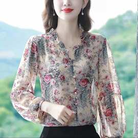 2025年夏季新款网红雪纺九分袖衬衫木耳花边减龄显瘦妈妈装上衣女