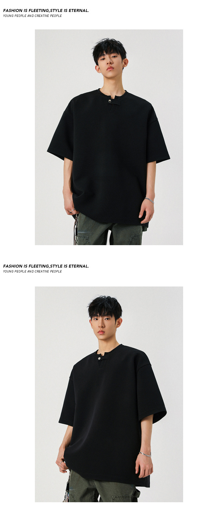 Loose Fit Men's T-shirt High Street Style Solid Colour Summer_voghion.com