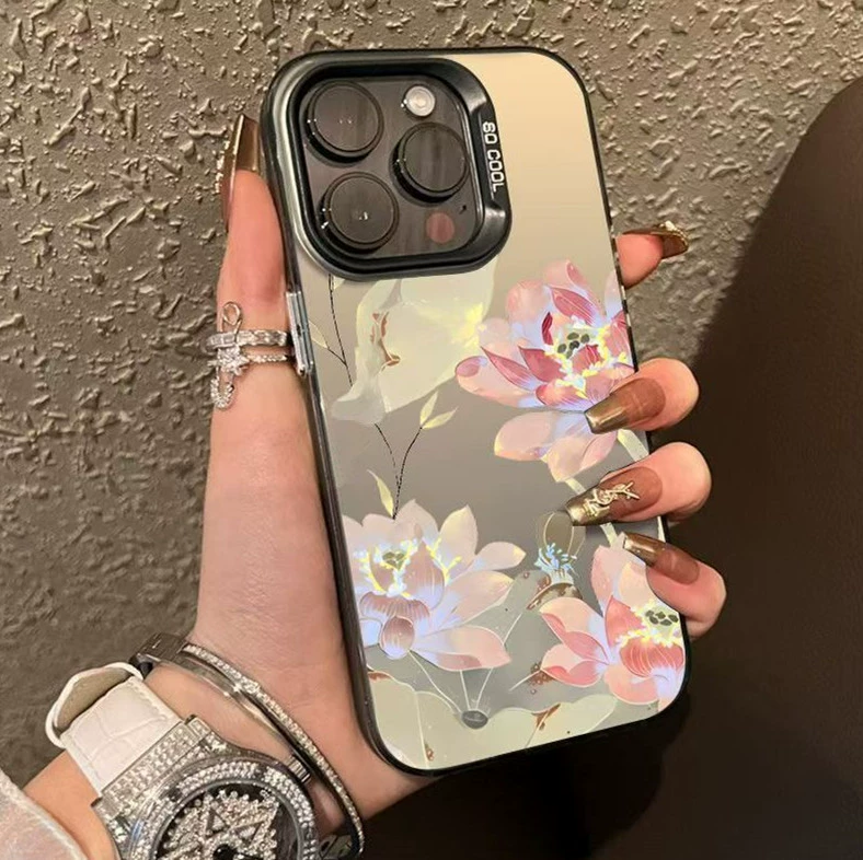 Чехол для телефона (Apple) iPhone 7–16 серии, цветная серебристая оболочка с рисунком лотоса, тонкий защитный