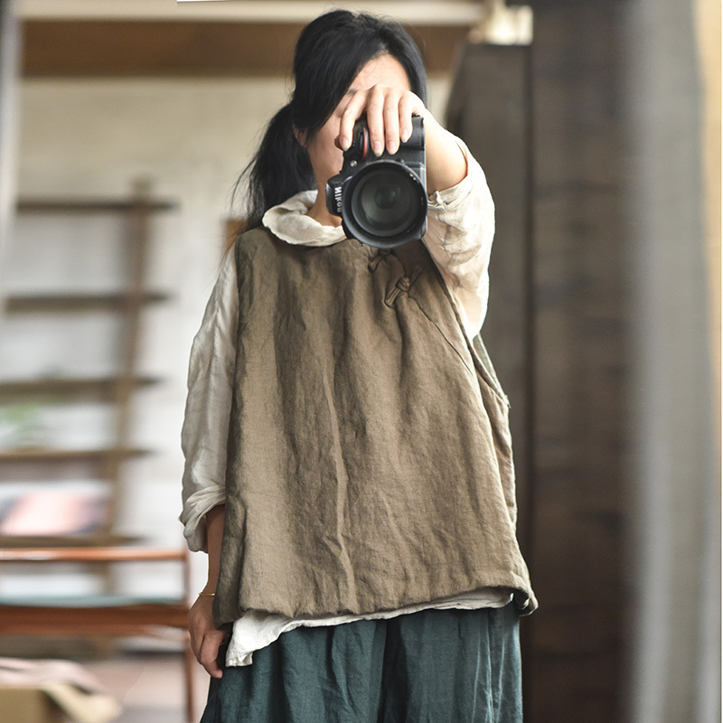 4116 original homemade women's national style retro vest autumn and winter sand wash linen buckle quilted vest