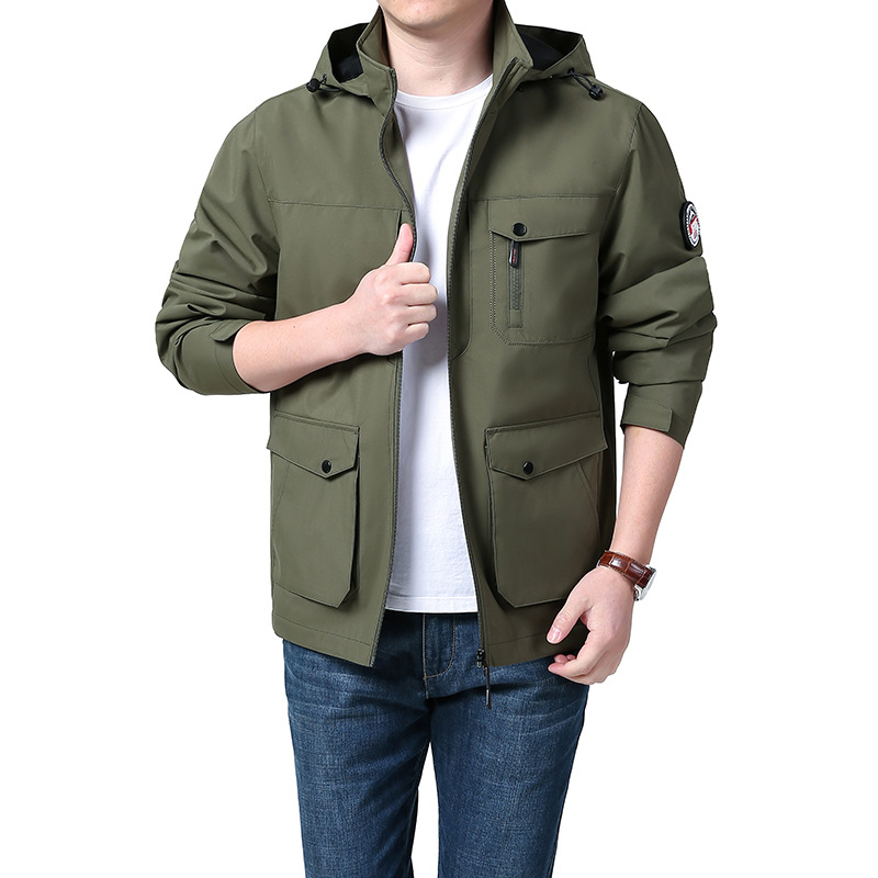 Primavera y otoño al aire libre suelta de tamaño grande chaqueta de hombre de mediana edad desmontable sombrero impermeable abrigo de asalto casual abrigo