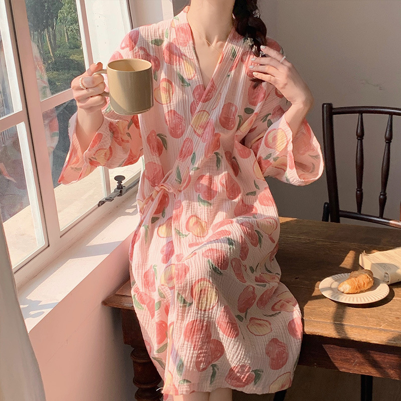 Nightgown Nightgown Women's Summer Pure Cotton Gauze Kimono Spring and Autumn Thin Japanese Style Home Clothes Japanese Style Summer Bathrobe Pajamas