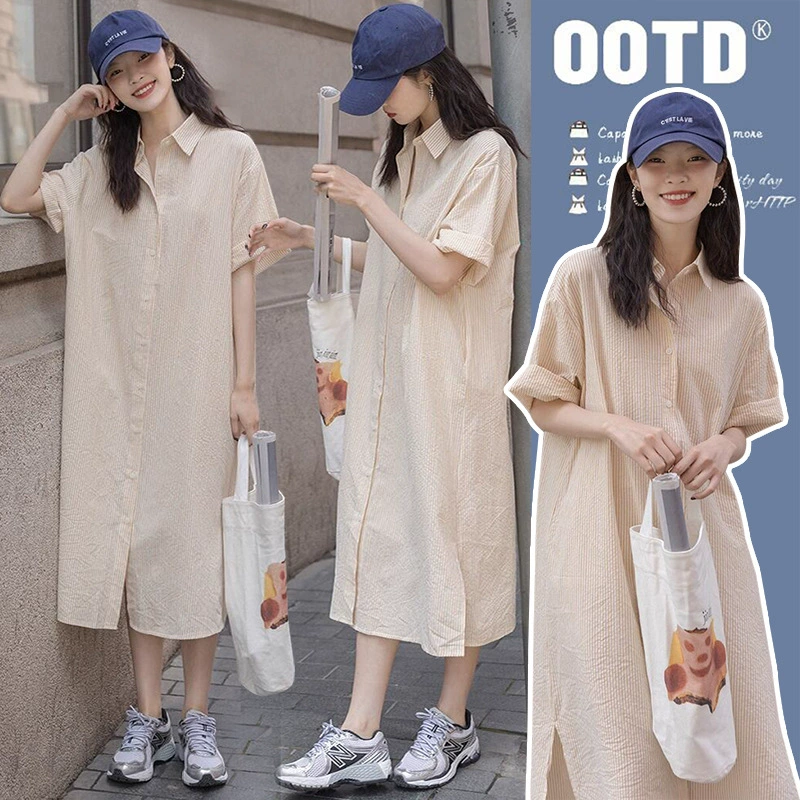 Летнее платье-рубашка в полоску больших размеров, свободного кроя, для беременных 2025 года,  утягивающее,  в стиле интернет-знаменитостей.