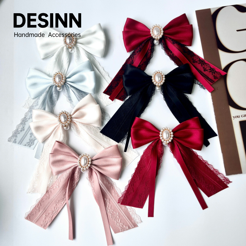 Pearl Pendant Lace Bow Tie Japanese-Style Brooch Multi-Color Options Shirt Accessory Versatile Pin